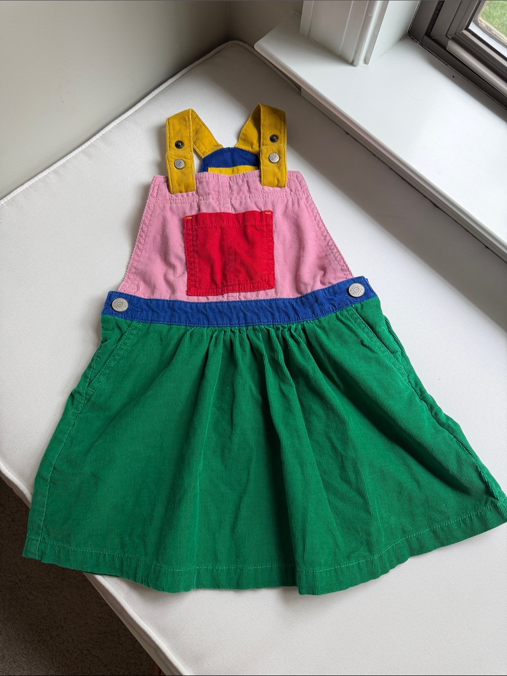 Mini Boden Yellow-Strap Corduroy Overall Dress with Pink and Red Accents 4-5